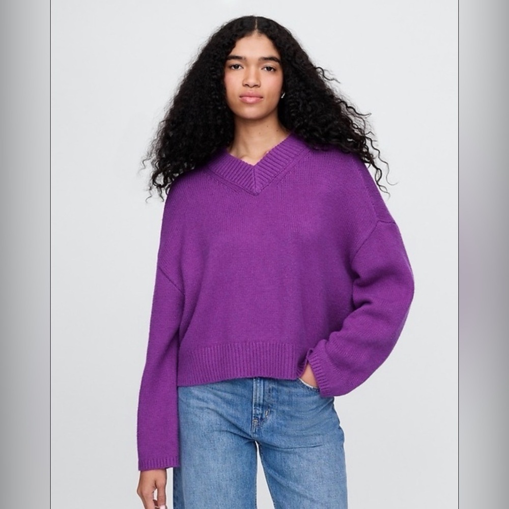 CashSoft Cropped Cozy Soft High V-Neck Chunky Knit Pullover Sweater MP SP NWT